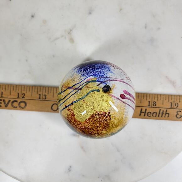 VTG Earl O James Paperweight 3" Blue Gold Flecks Handblown Art Glass Signed '99 - Picture 8 of 16